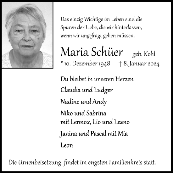 Anzeige von Maria Schüer von Kölner Stadt-Anzeiger / Kölnische Rundschau / Express