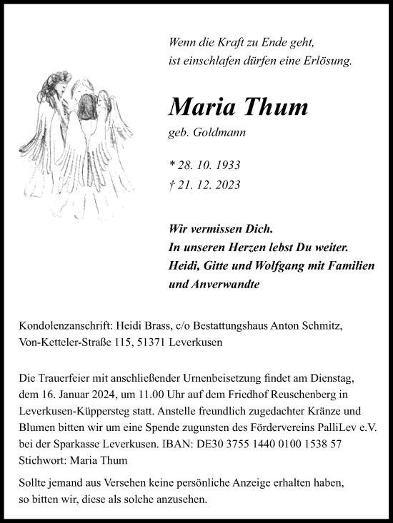 Anzeige von Maria Thum von Kölner Stadt-Anzeiger / Kölnische Rundschau / Express