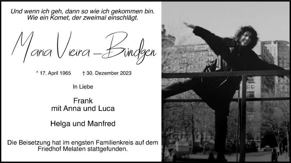  Traueranzeige für Maria Vieira-Bündgen vom 20.01.2024 aus Kölner Stadt-Anzeiger / Kölnische Rundschau / Express