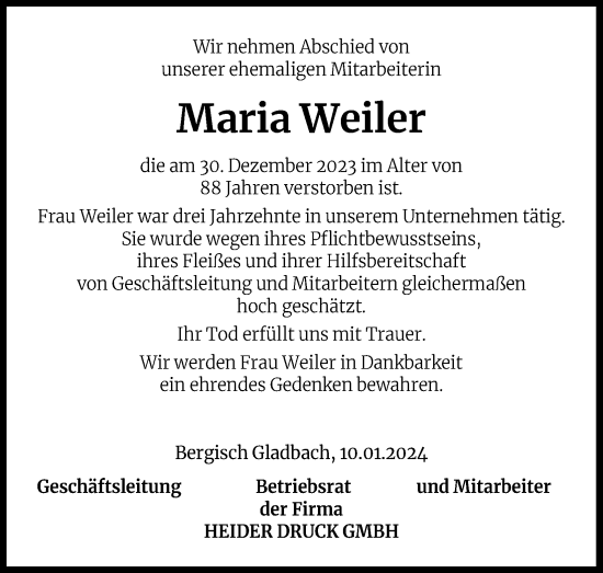 Anzeige von Maria Weiler von Kölner Stadt-Anzeiger / Kölnische Rundschau / Express