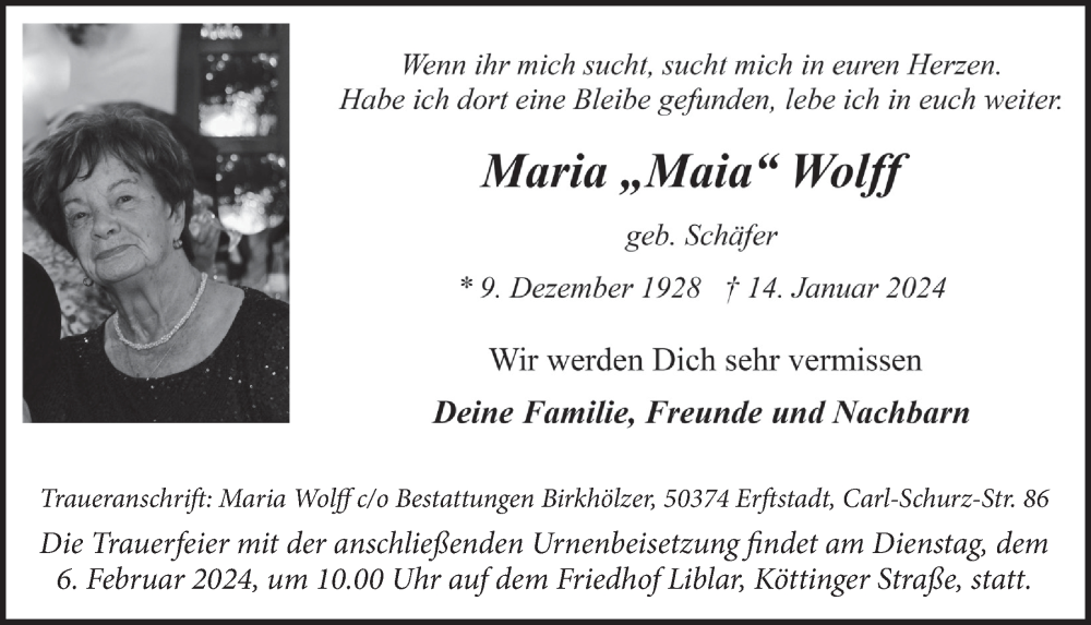  Traueranzeige für Maria Wolff vom 26.01.2024 aus  Werbepost 