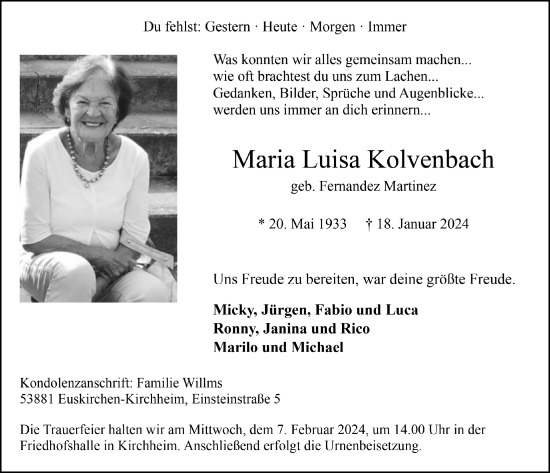 Anzeige von Maria Luisa Kolvenbach von  Blickpunkt Euskirchen 