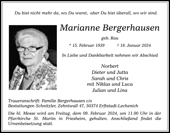 Anzeige von Marianne Bergerhausen von  Werbepost 