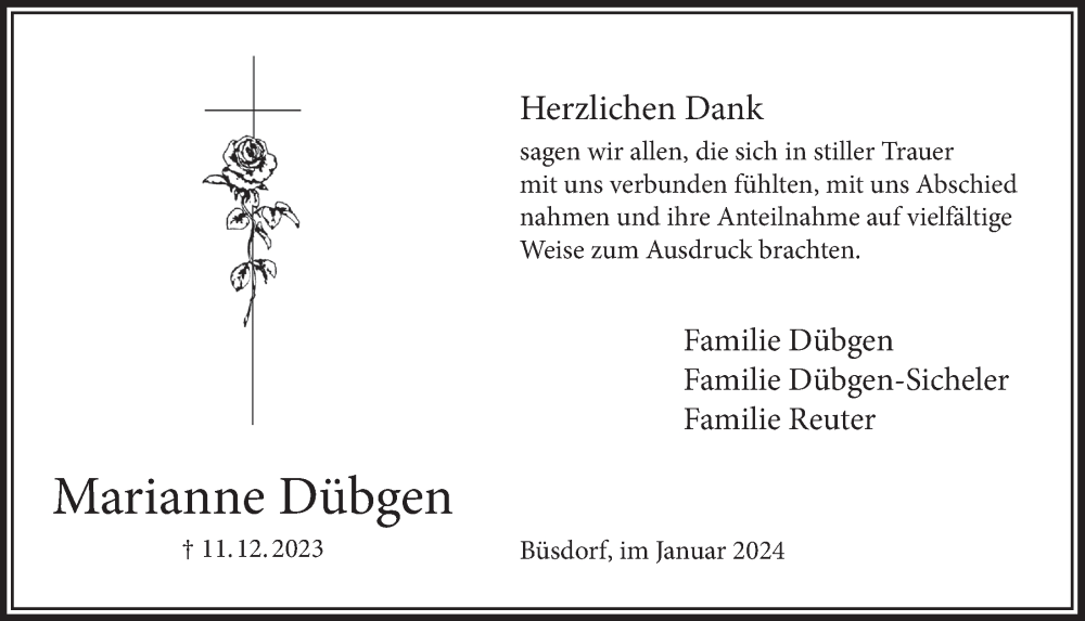  Traueranzeige für Marianne Dübgen vom 12.01.2024 aus  Werbepost 