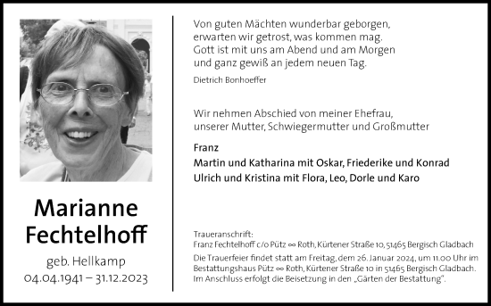Anzeige von Marianne Fechtelhoff von Kölner Stadt-Anzeiger / Kölnische Rundschau / Express