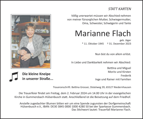 Anzeige von Marianne Flach von  Anzeigen Echo 