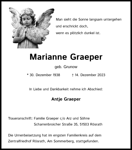 Anzeige von Marianne Graeper von Kölner Stadt-Anzeiger / Kölnische Rundschau / Express
