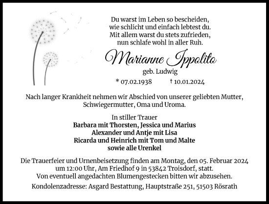 Anzeige von Marianne Ippolito von Kölner Stadt-Anzeiger / Kölnische Rundschau / Express