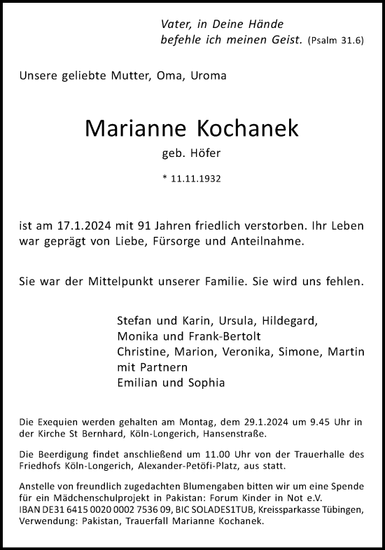 Anzeige von Marianne Kochanek von Kölner Stadt-Anzeiger / Kölnische Rundschau / Express