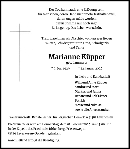 Anzeige von Marianne Küpper von Kölner Stadt-Anzeiger / Kölnische Rundschau / Express