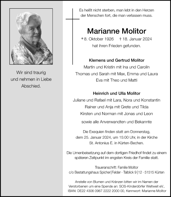 Anzeige von Marianne Molitor von Kölner Stadt-Anzeiger / Kölnische Rundschau / Express