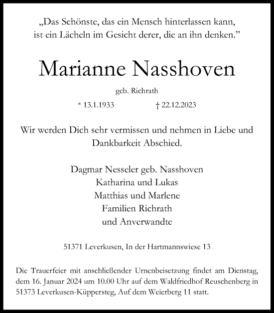 Anzeige von Marianne Nasshoven von Kölner Stadt-Anzeiger / Kölnische Rundschau / Express