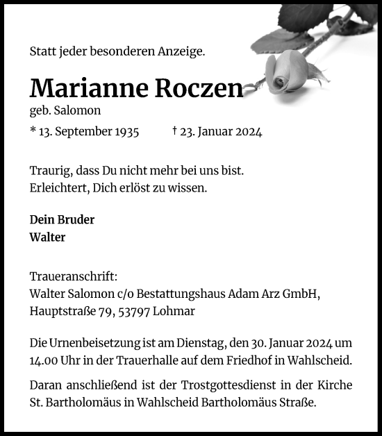 Anzeige von Marianne Roczen von Kölner Stadt-Anzeiger / Kölnische Rundschau / Express