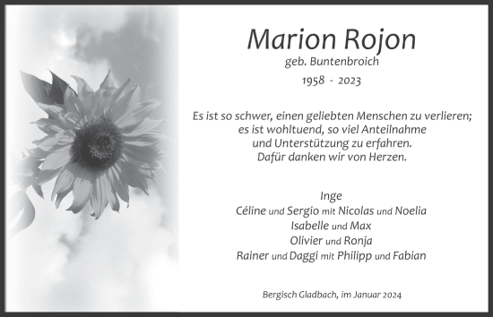 Anzeige von Marion Rojon von  Bergisches Handelsblatt 