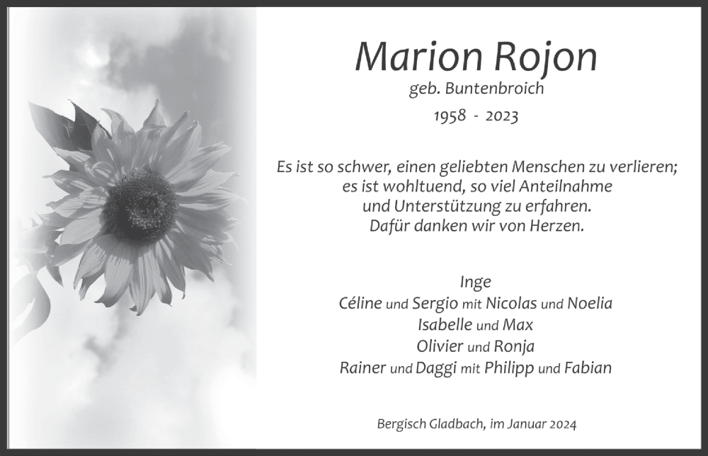  Traueranzeige für Marion Rojon vom 12.01.2024 aus  Bergisches Handelsblatt 