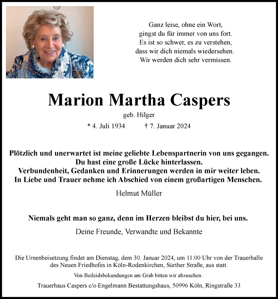  Traueranzeige für Marion Martha Caspers vom 26.01.2024 aus  EXPRESS - Die Woche 