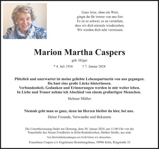 Anzeige von Marion Martha Caspers von Kölner Stadt-Anzeiger / Kölnische Rundschau / Express