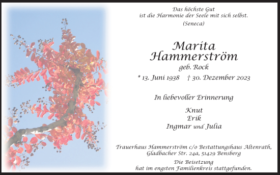 Anzeige von Marita Hammerström von Kölner Stadt-Anzeiger / Kölnische Rundschau / Express
