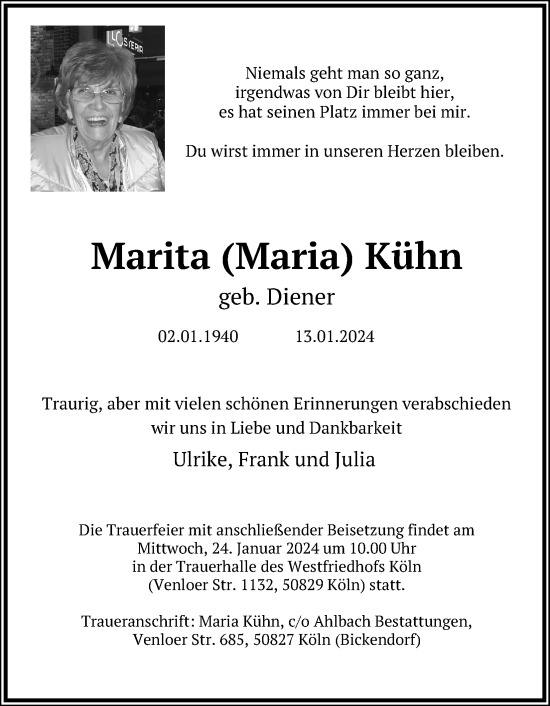 Anzeige von Marita Kühn von Kölner Stadt-Anzeiger / Kölnische Rundschau / Express