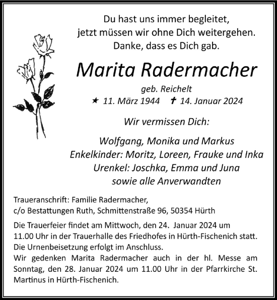 Anzeige von Marita Radermacher von  Wochenende  Schlossbote/Werbekurier 