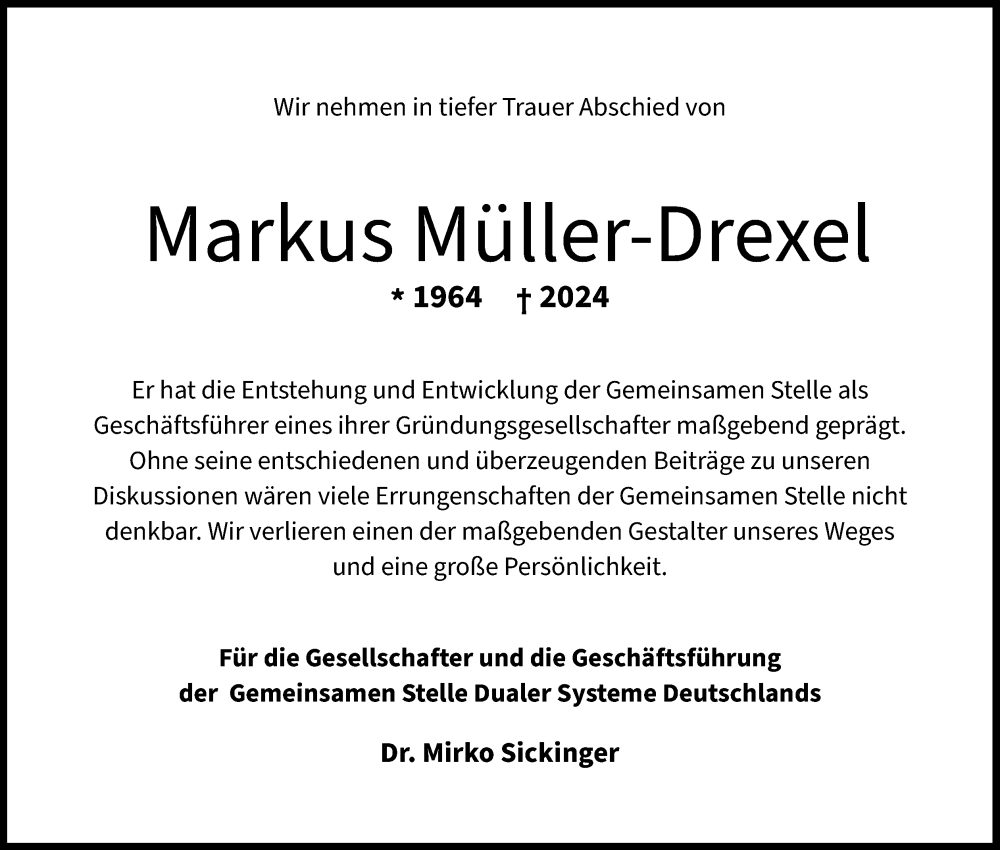  Traueranzeige für Markus Müller-Drexel vom 27.01.2024 aus Kölner Stadt-Anzeiger / Kölnische Rundschau / Express
