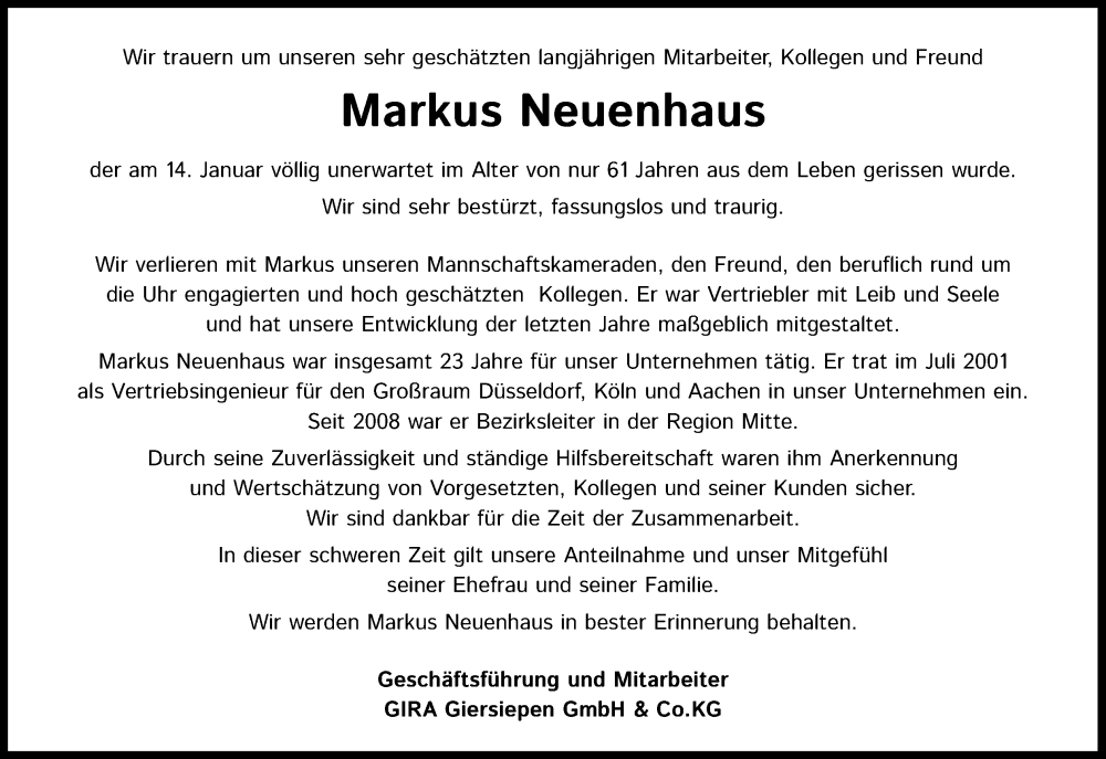  Traueranzeige für Markus Neuenhaus vom 27.01.2024 aus Kölner Stadt-Anzeiger / Kölnische Rundschau / Express