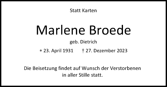 Anzeige von Marlene Broede von Kölner Stadt-Anzeiger / Kölnische Rundschau / Express