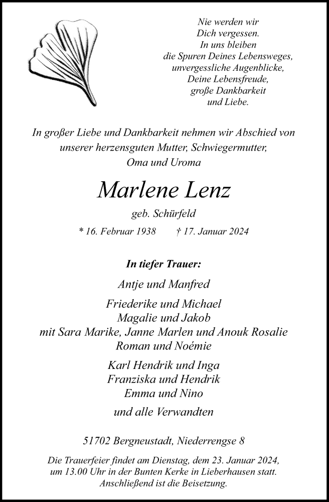  Traueranzeige für Marlene Lenz vom 20.01.2024 aus Kölner Stadt-Anzeiger / Kölnische Rundschau / Express