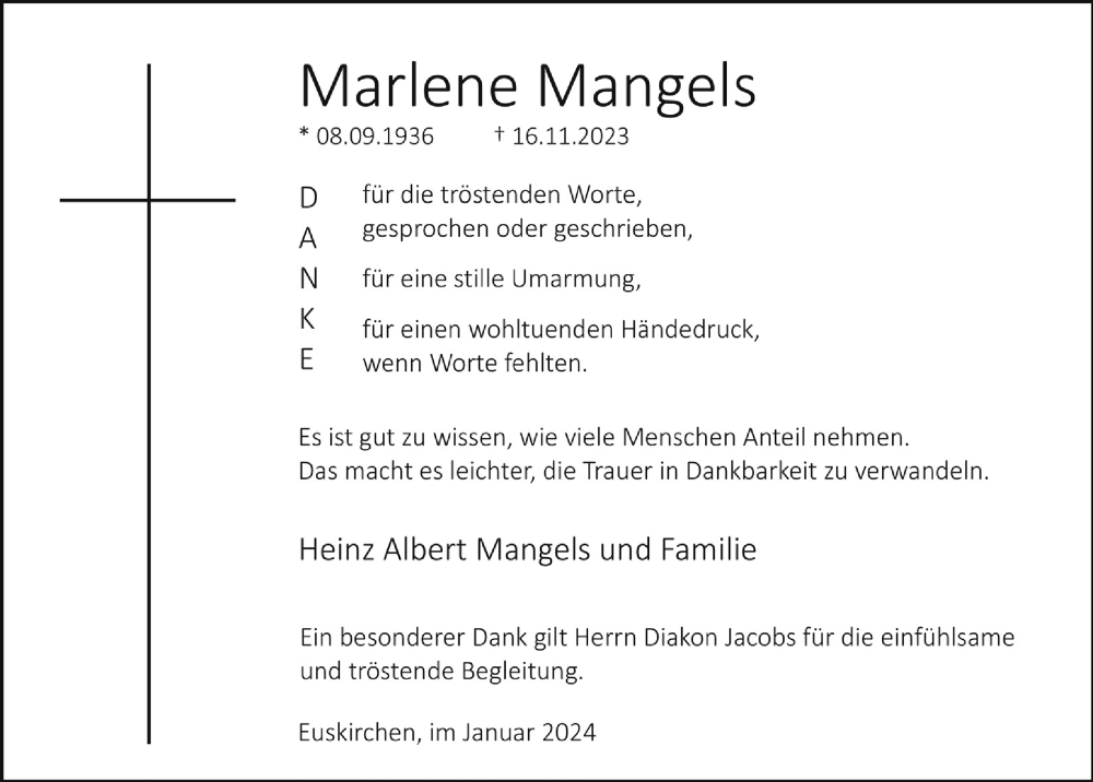  Traueranzeige für Marlene Mangels vom 20.01.2024 aus  Blickpunkt Euskirchen 