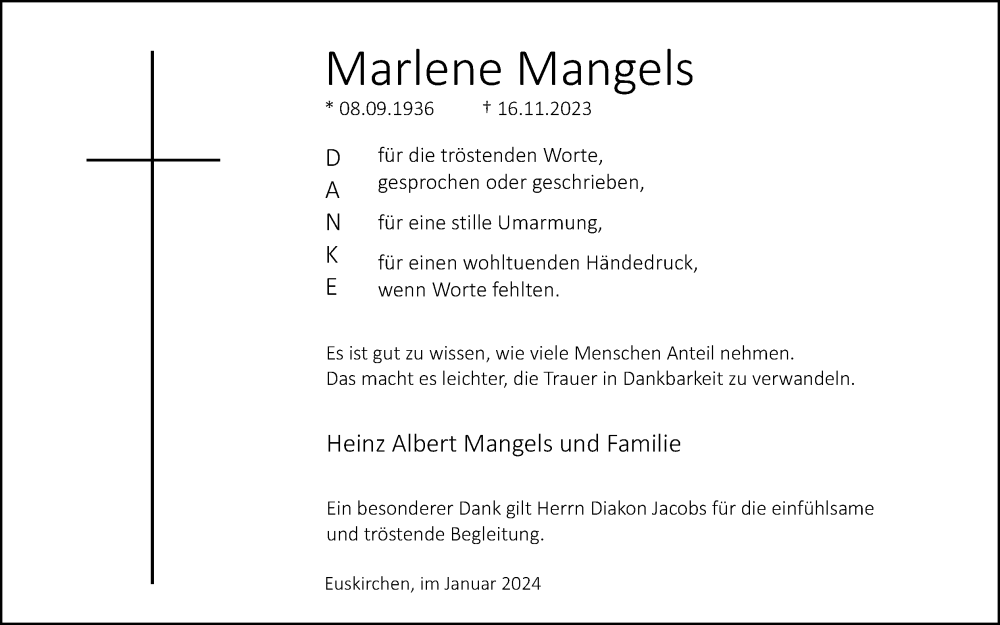  Traueranzeige für Marlene Mangels vom 20.01.2024 aus Kölner Stadt-Anzeiger / Kölnische Rundschau / Express