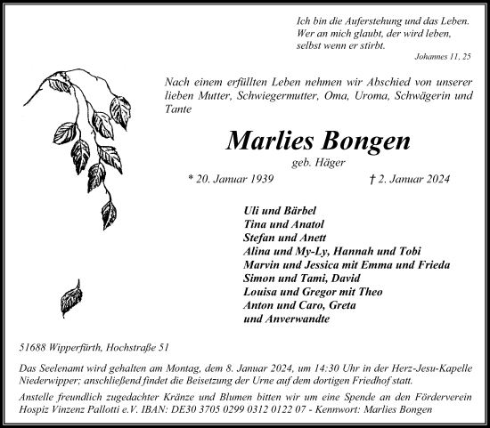 Anzeige von Marlies Bongen von Kölner Stadt-Anzeiger / Kölnische Rundschau / Express
