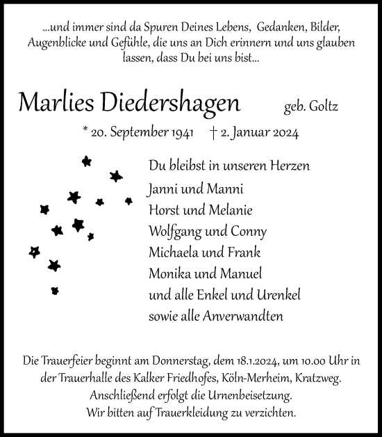 Anzeige von Marlies Diedershagen von Kölner Stadt-Anzeiger / Kölnische Rundschau / Express