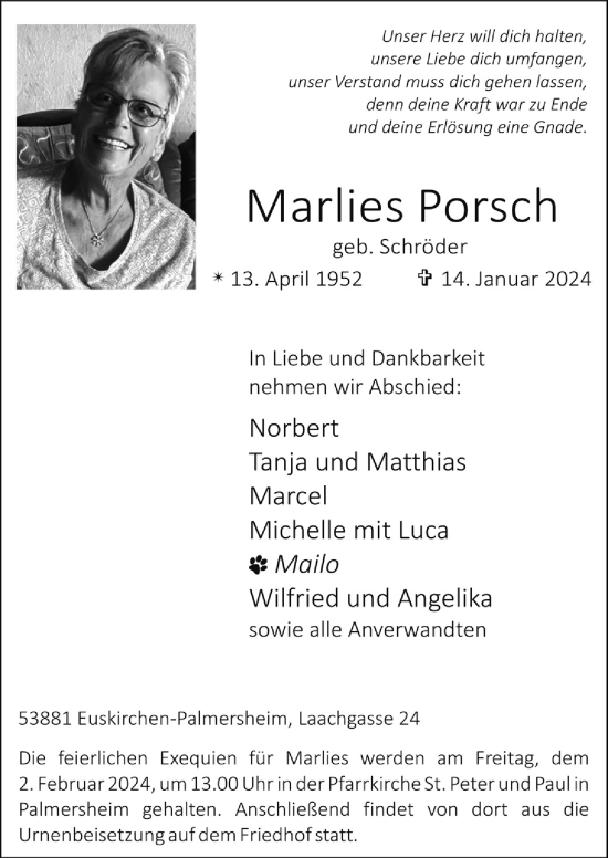 Anzeige von Marlies Porsch von  Blickpunkt Euskirchen 