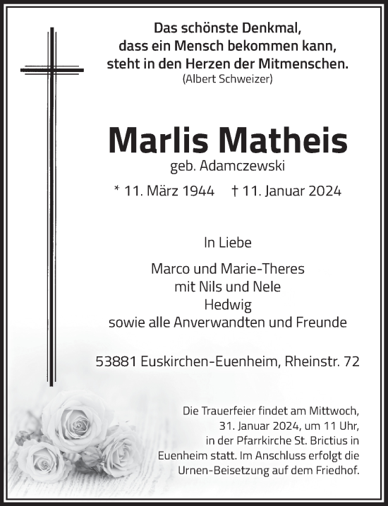 Anzeige von Marlis Matheis von  Blickpunkt Euskirchen 