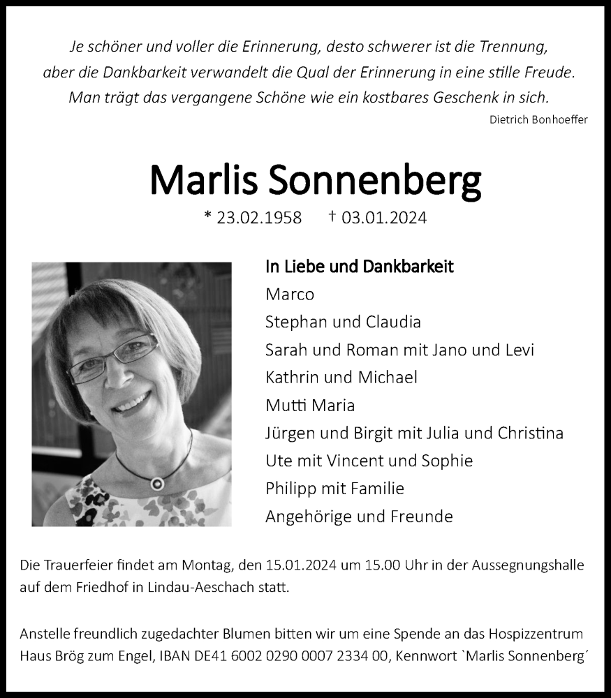  Traueranzeige für Marlis Sonnenberg vom 13.01.2024 aus Kölner Stadt-Anzeiger / Kölnische Rundschau / Express