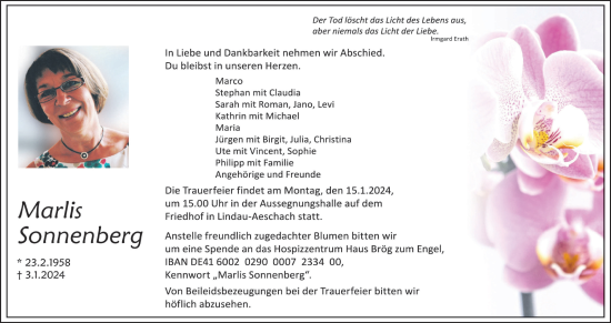 Anzeige von Marlis Sonnenberg von Kölner Stadt-Anzeiger / Kölnische Rundschau / Express