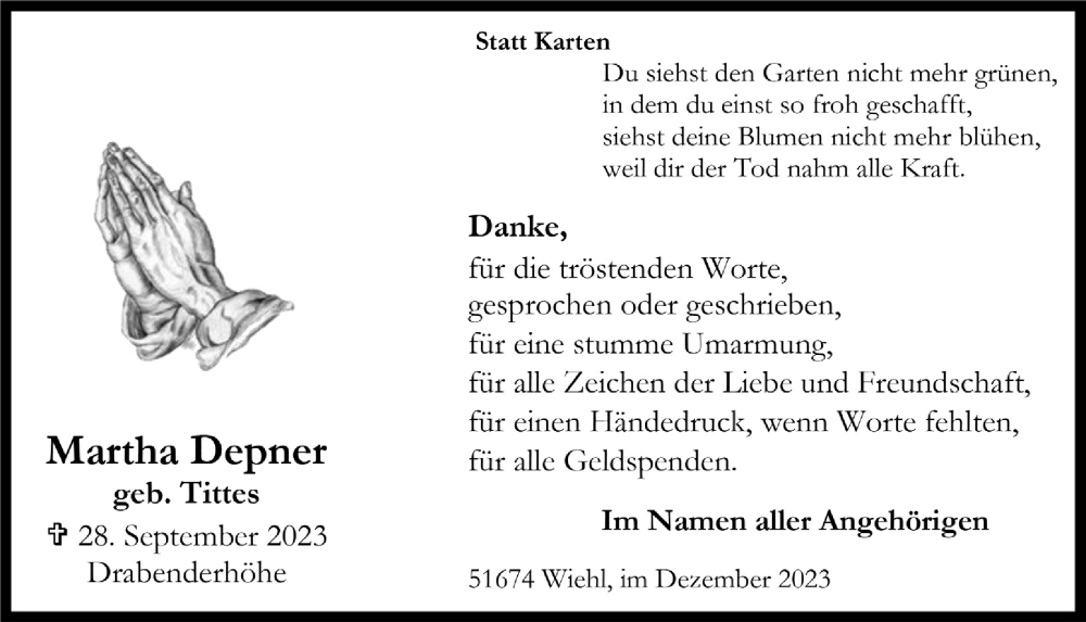  Traueranzeige für Martha Depner vom 12.01.2024 aus  Anzeigen Echo 