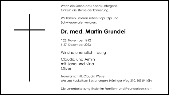 Anzeige von Martin Grundei von Kölner Stadt-Anzeiger / Kölnische Rundschau / Express