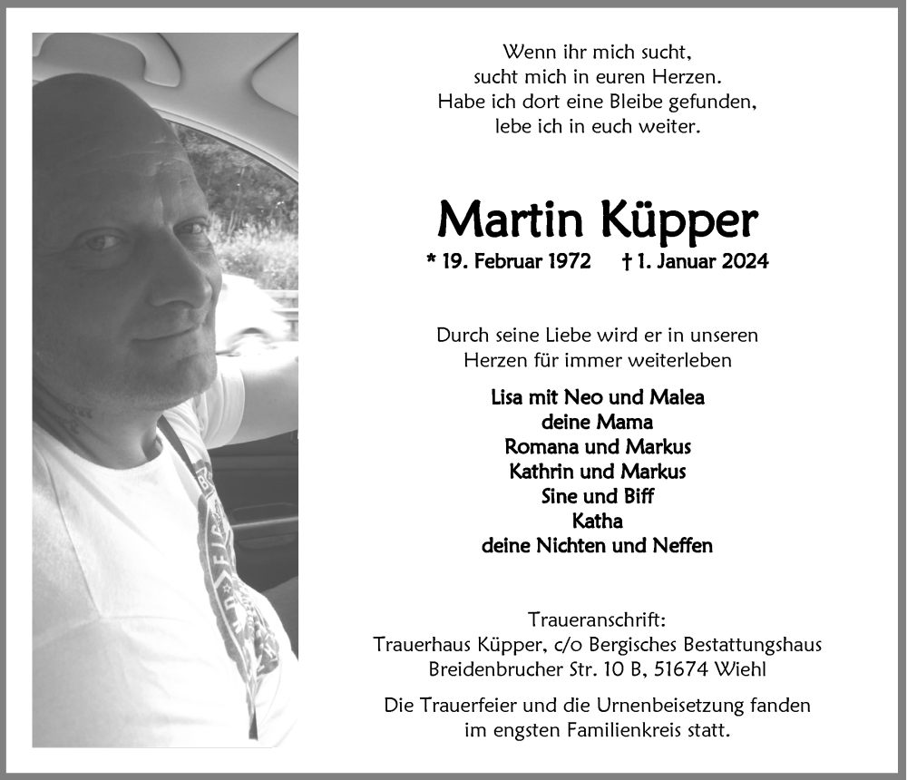  Traueranzeige für Martin Küpper vom 19.01.2024 aus  Anzeigen Echo 