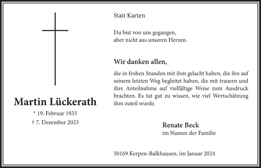  Traueranzeige für Martin Lückerath vom 19.01.2024 aus  Werbepost 