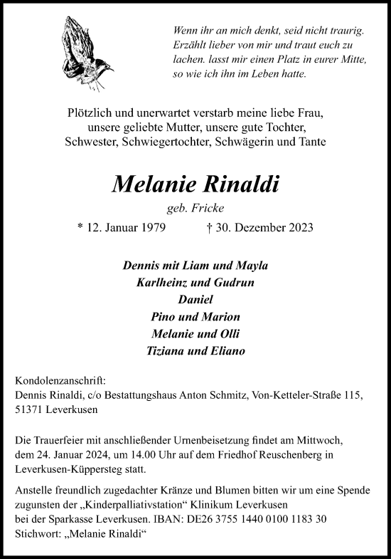 Anzeige von Melanie Rinaldi von Kölner Stadt-Anzeiger / Kölnische Rundschau / Express