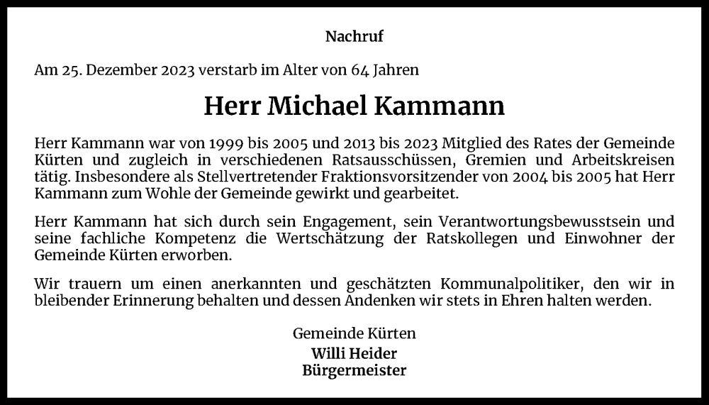  Traueranzeige für Michael Kammann vom 13.01.2024 aus Kölner Stadt-Anzeiger / Kölnische Rundschau / Express