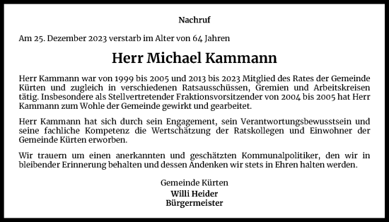 Anzeige von Michael Kammann von Kölner Stadt-Anzeiger / Kölnische Rundschau / Express