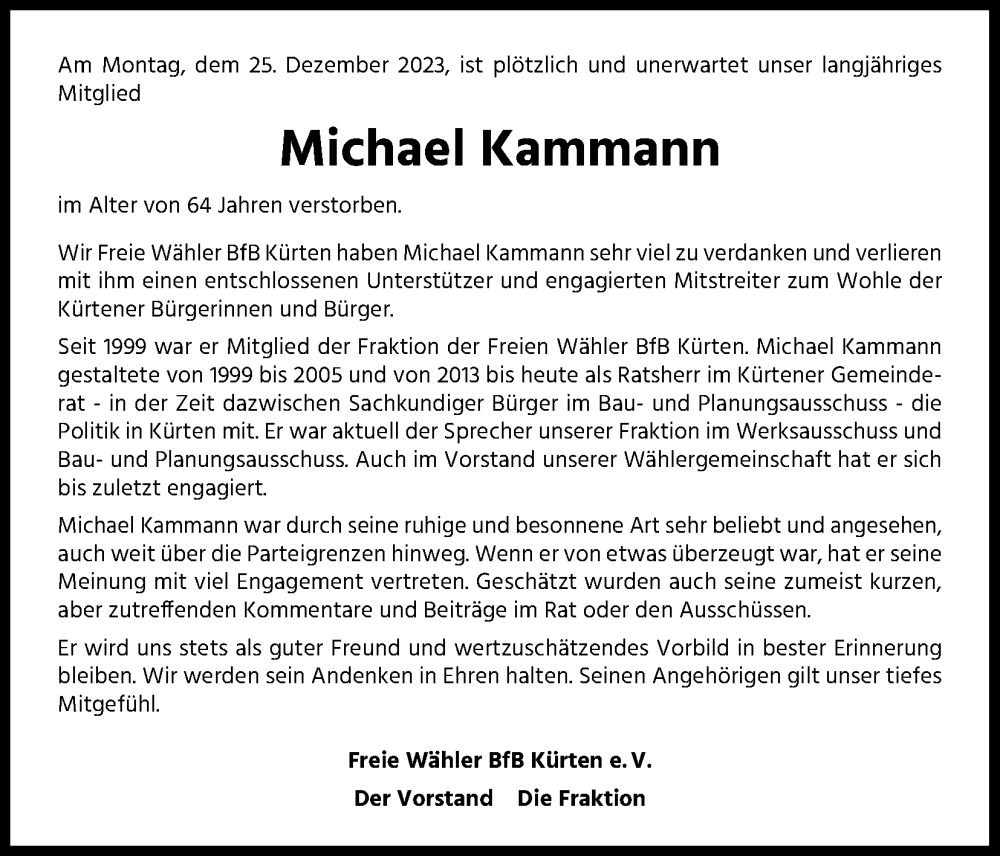  Traueranzeige für Michael Kammann vom 13.01.2024 aus Kölner Stadt-Anzeiger / Kölnische Rundschau / Express