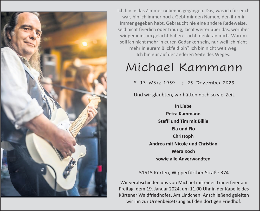 Traueranzeige für Michael Kammann vom 13.01.2024 aus Kölner Stadt-Anzeiger / Kölnische Rundschau / Express