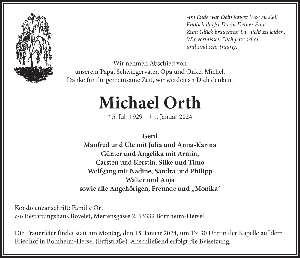  Traueranzeige für Michael Orth vom 12.01.2024 aus  Schaufenster/Blickpunkt 