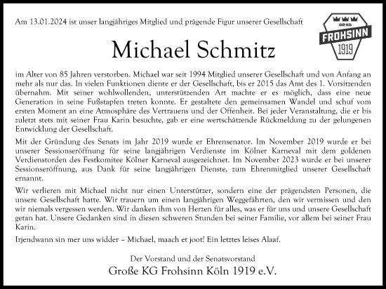 Anzeige von Michael Schmitz von Kölner Stadt-Anzeiger / Kölnische Rundschau / Express