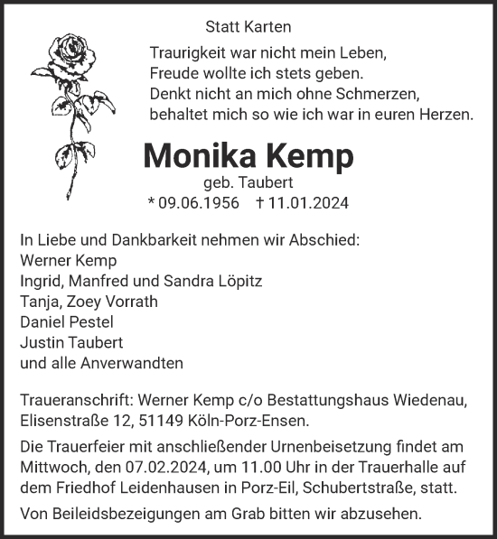 Anzeige von Monika Kemp von  EXPRESS - Die Woche 