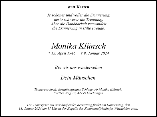 Anzeige von Monika Klünsch von Kölner Stadt-Anzeiger / Kölnische Rundschau / Express