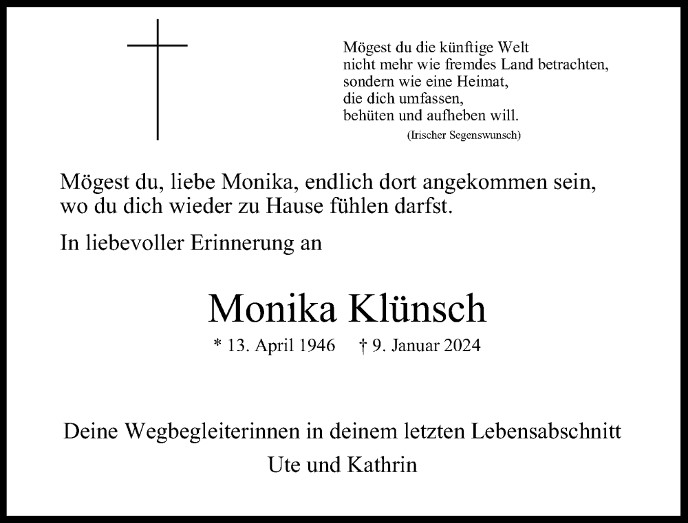  Traueranzeige für Monika Klünsch vom 13.01.2024 aus Kölner Stadt-Anzeiger / Kölnische Rundschau / Express